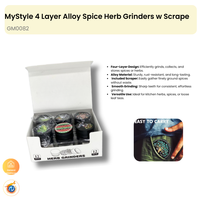 4 Layer Alloy Spice Herb Grinders w Scraper (12 in a Display box)