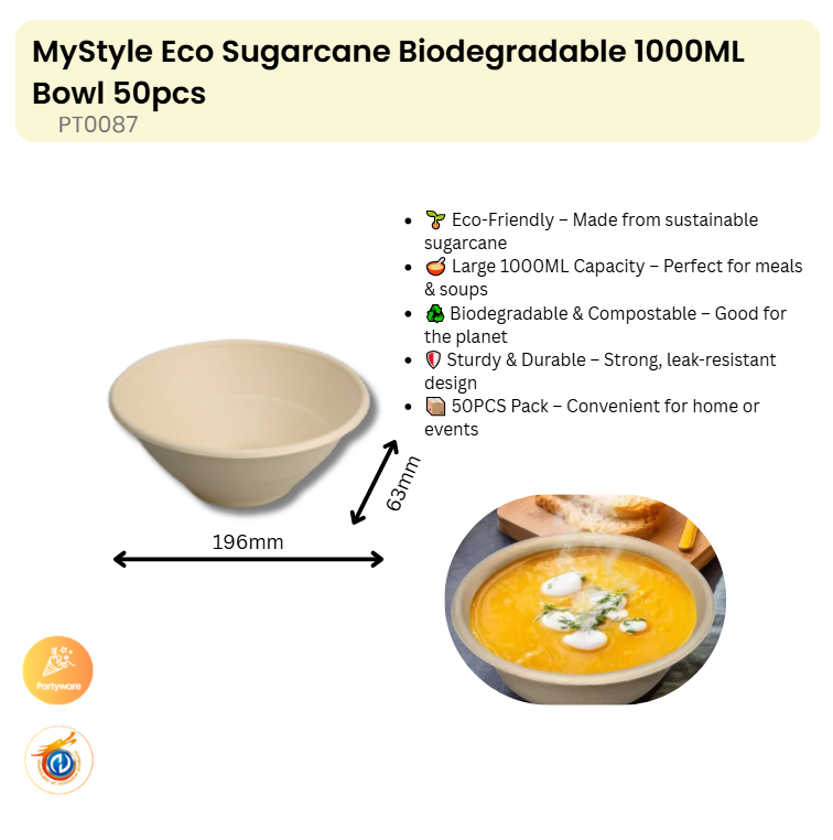 Eco Sugarcane Biodegradable 1000ML Bowl 50pcs