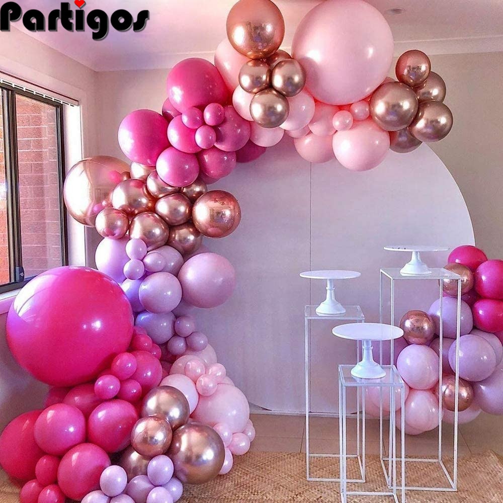 Hot Pink Chrome Rose Gold Balloon Arch Garland Wedding Birthyday Baby Shower Party Background Decor Globos Kids Toys