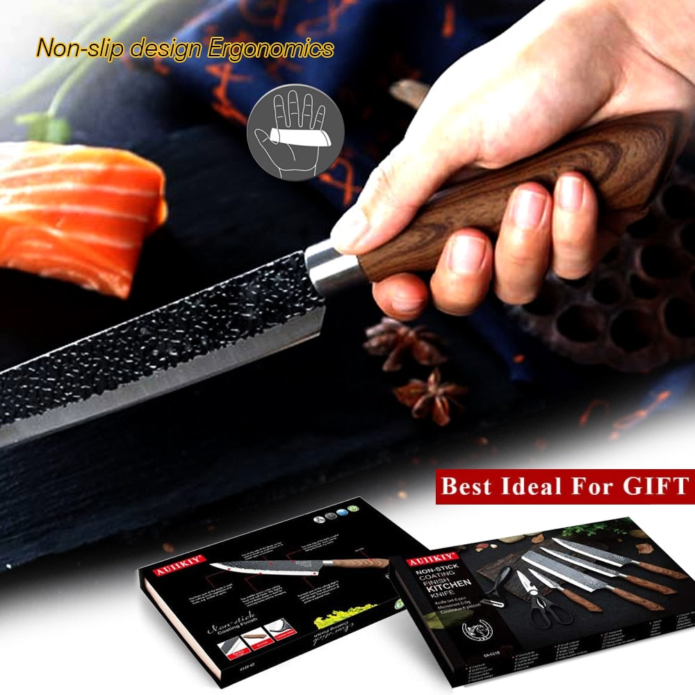 Kitchen Knives Set chef knives 6 sets Stainless Steel Forged Kitchen Knives Scissors Peeler Chef Slicer Paring Knife Gift Case