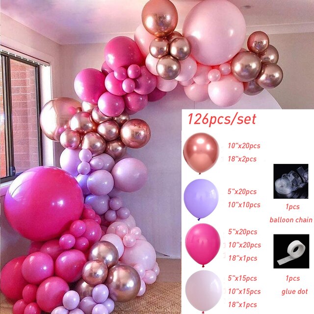 Hot Pink Chrome Rose Gold Balloon Arch Garland Wedding Birthyday Baby Shower Party Background Decor Globos Kids Toys