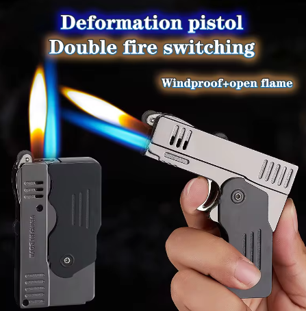 Double Fire Deformation Pistol Butane Gas Lighter Fire-breathing Torch Windproof  Lighter Gift