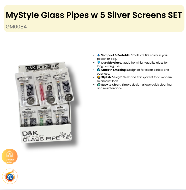 Glass Pipes w 5 Silver Screens SET (24 in Display box)