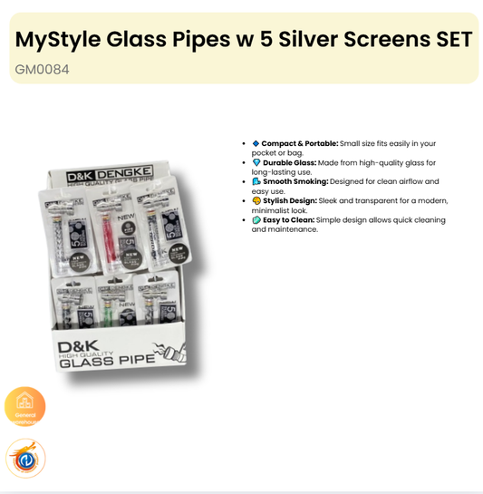 Glass Pipes w 5 Silver Screens SET (24 in Display box)