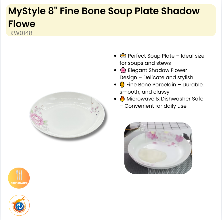 8" Fine Bone Soup Plate Shadow Flower
