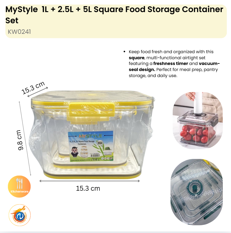 1L, 2.5L, 5L Square Food Storage Containers