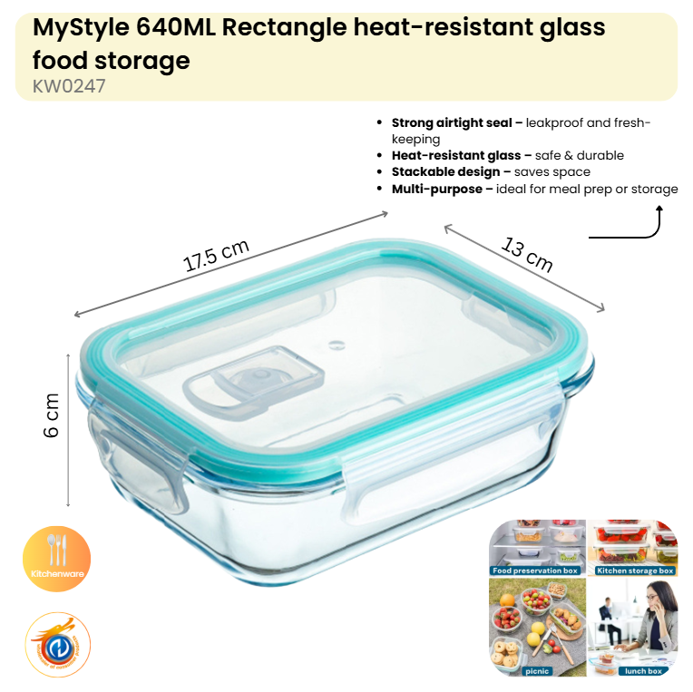 640ML Rectangle heat resistant glass food storage with PP vent lid