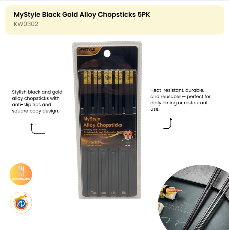 MyStyle Black Gold Alloy Chopsticks 5PK