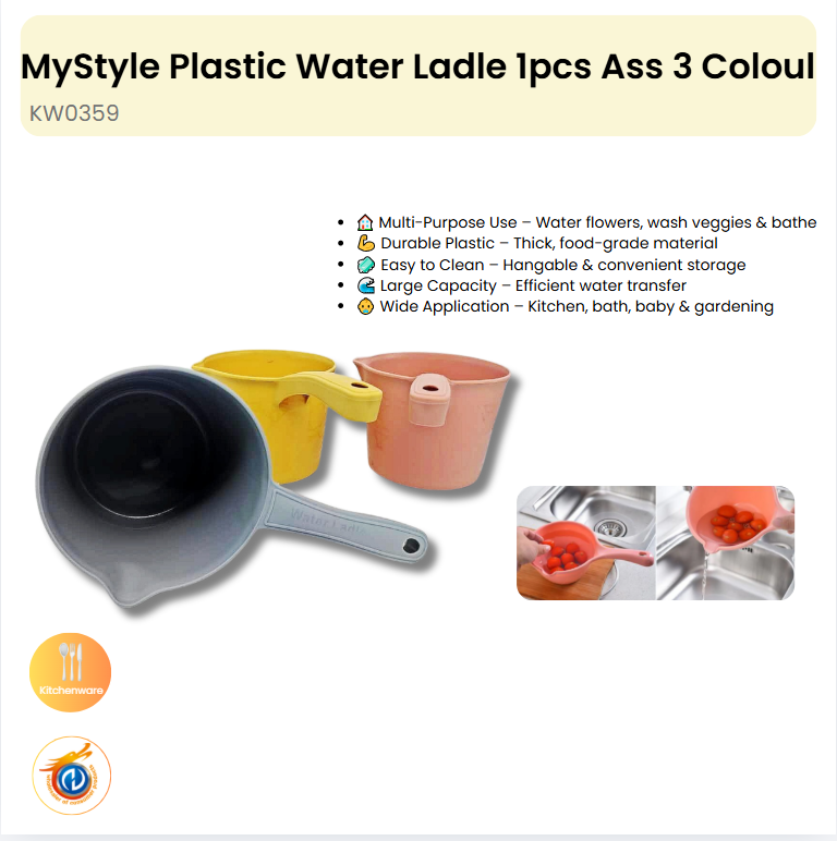 Plastic Water Ladle 1pcs Ass 3 Colour