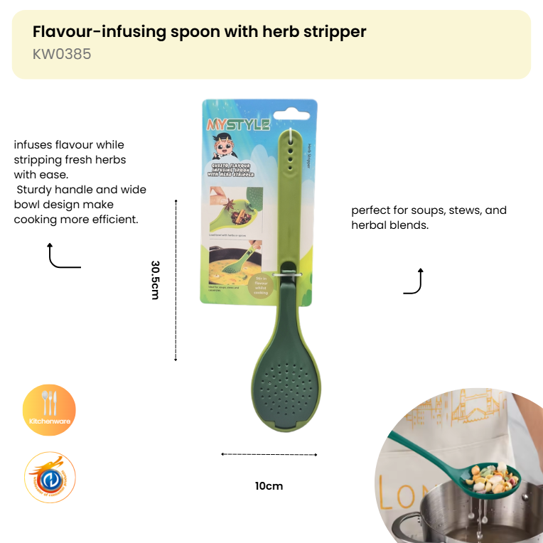 Flavour-infusing spoon with herb stripper