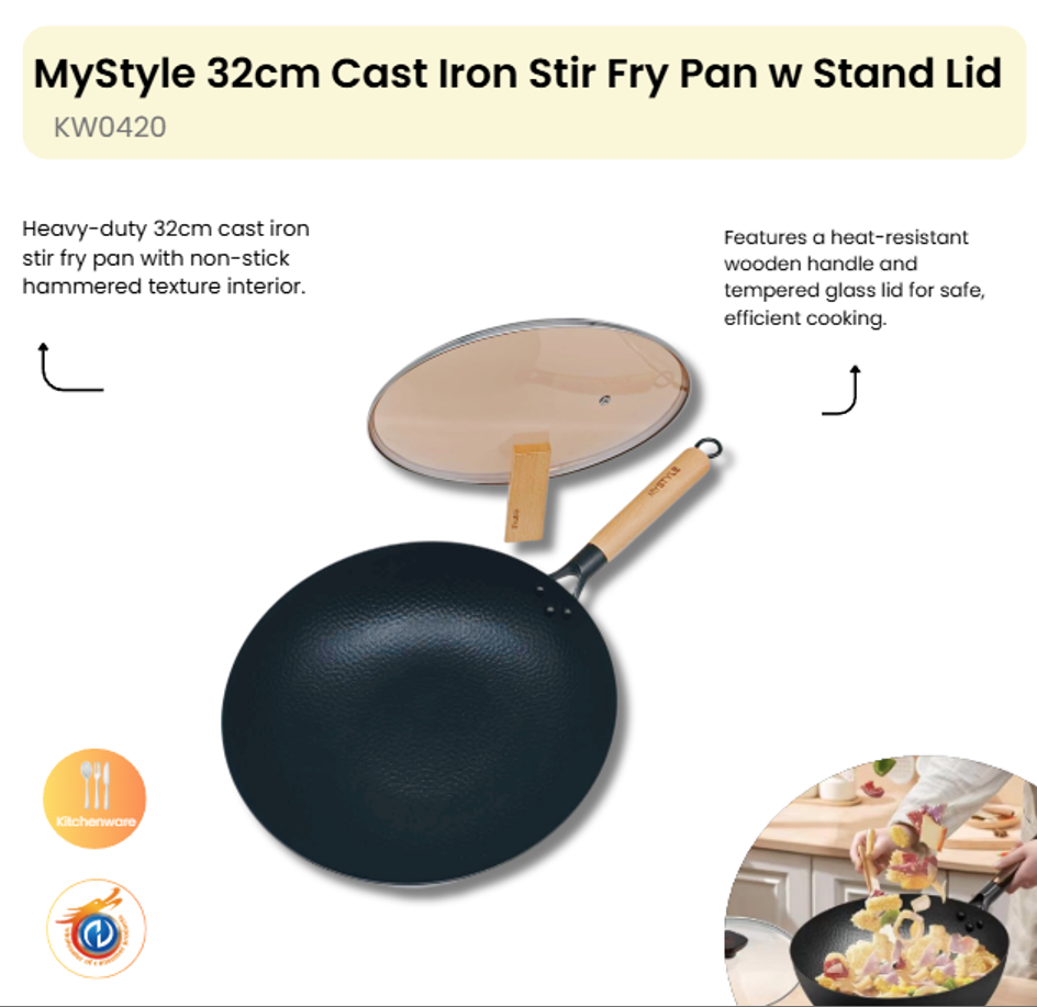 MyStyle 32cm Cast Iron Stir Fry Pan w Stand Lid