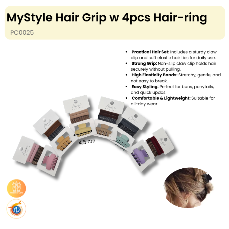 Hair Grip w 4pcs Hair-ring (12 in pick packs)