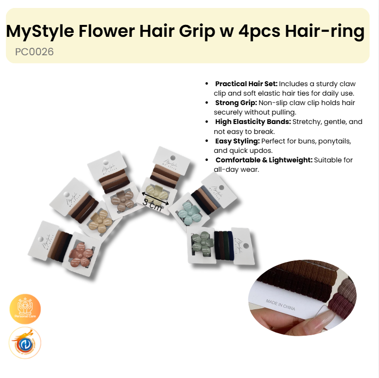 Flower Hair Grip w 4pcs Hair-ring (12 in pick packs)