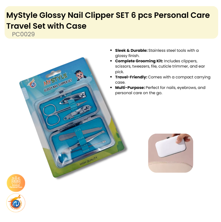 Glossy Nail Clipper SET 6 pcs Personal Care Travel Set with Case