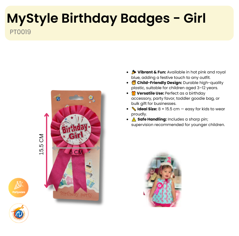 Birthday Badges- Girl(12 in pick packs)