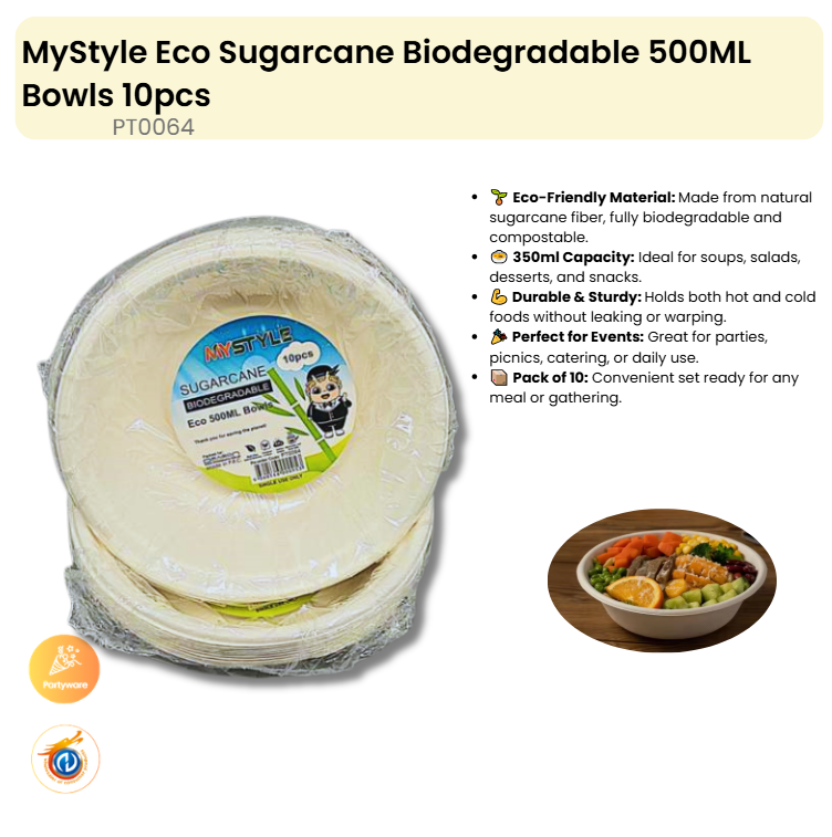 Eco Sugarcane Biodegradable 500ML Bowls 10pcs