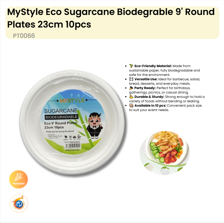 Eco Sugarcane Biodegrable 9' Round Plates 23cm 10pcs