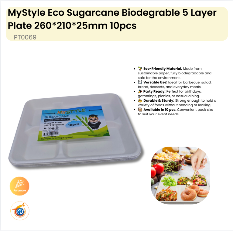 Eco Sugarcane Biodegrable 5 Layer Plate 10pcs