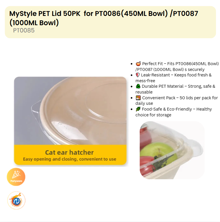 PET Lid 50PK for PT0086(450ML Bowl) /PT0087 (1000ML Bowl)