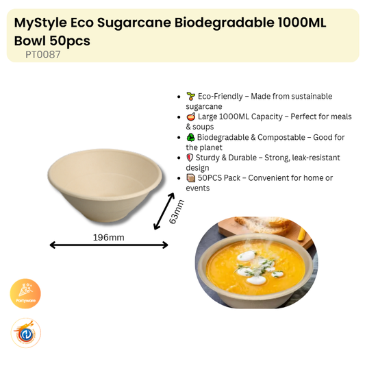 Eco Sugarcane Biodegradable 1000ML Bowl 50pcs