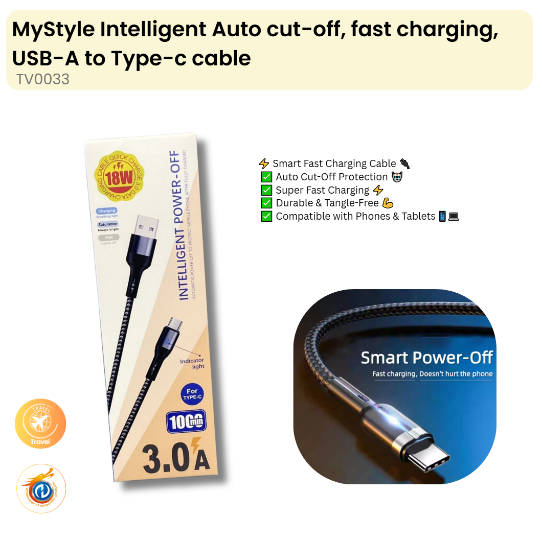 Intelligent Auto cut-off, fast charging, USB-A to Type-c cable
