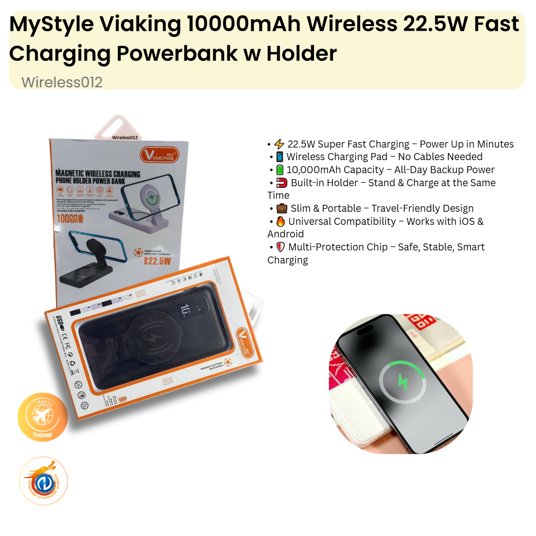 Viaking 10000mAh Wireless 22.5W Fast Charging Powerbank w Holder
