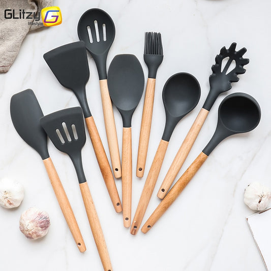 Silicone Cooking Utensils Set Kithcen Non Stick Spatula Shovel Soup Spoon Wooden Handle Heat Resisant 9 Pieces Cooking Tools set