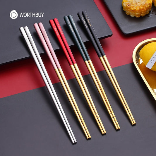 WORTHBUY 5 Pairs Gold Non-Slip Chopsticks 18/8 Stainless Steel Chopsticks For Sushi Hashi Food Sticks Reusable Chopstick Set