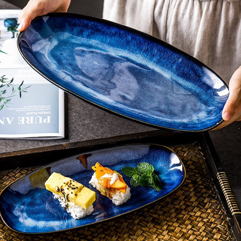 KINGLANG Japanese Kiln Glazed Blue Long Plate Household Steamed Fish Plate Large Dish Color Creative Sushi Plate