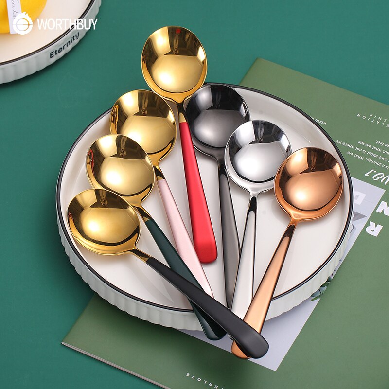 WORTHBUY Colorful Soup Spoon 304 Stainless Steel Dinner Spoon With Long Handle Dessert Spoon For Kitchen Tableware Coffee Scoop