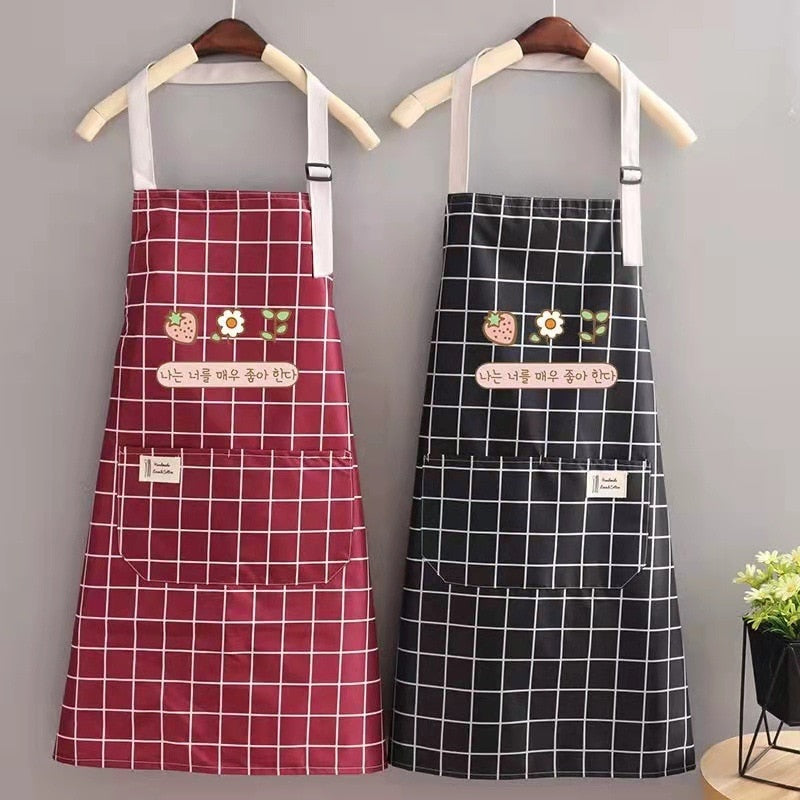 Hand apron kitchen waterproof waist adjustable apron with pocket grid apron coffee shop work apron.