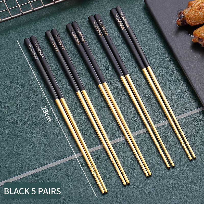 WORTHBUY 5 Pairs Gold Non-Slip Chopsticks 18/8 Stainless Steel Chopsticks For Sushi Hashi Food Sticks Reusable Chopstick Set