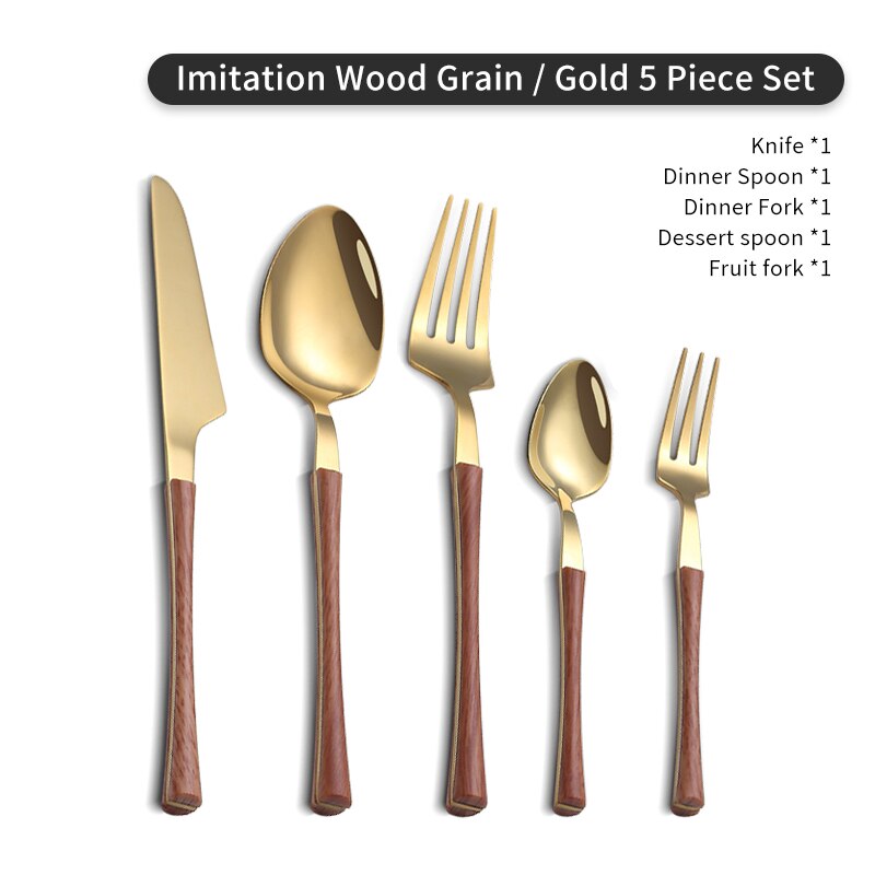 WORTHBUY 5/20/30 Pcs Gold Cutlery Set Stainless Steel Knife Fork Spoon Dinner Set With Wood Grain Handle Kitchen Tableware Set