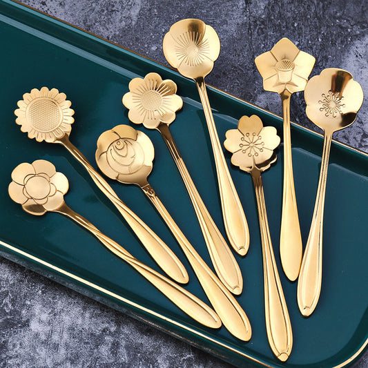 8Pcs Flower Spoon Set Small Teaspoon  Coffee Spoon Cute Ice Cream Dessert Spoon Silver Gold Stainless Steel Spoon For Coffee Tea