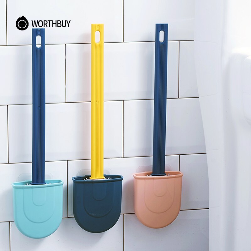 WORTHBUY Wall Mounted Toilet Brush With Holder Silicone Toilet Cleaning Brush With Plastic Non-Slip Handle Bathroom Accessories