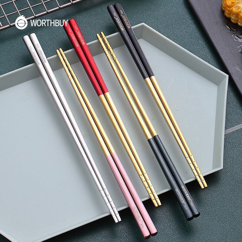 WORTHBUY 5 Pairs Gold Non-Slip Chopsticks 18/8 Stainless Steel Chopsticks For Sushi Hashi Food Sticks Reusable Chopstick Set