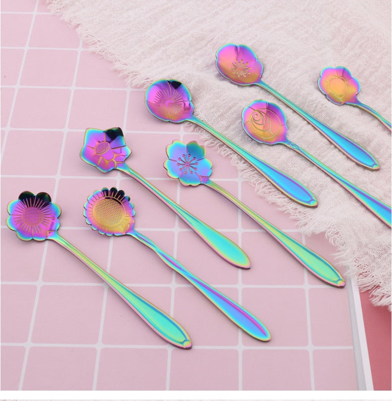 8Pcs Flower Spoon Set Small Teaspoon  Coffee Spoon Cute Ice Cream Dessert Spoon Silver Gold Stainless Steel Spoon For Coffee Tea