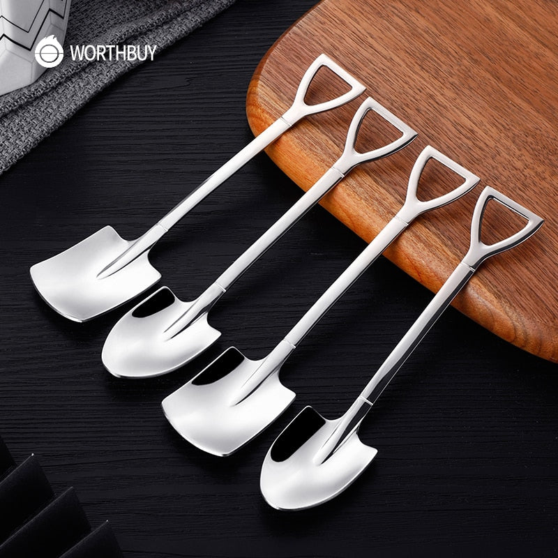 WORTHBUY Cute Shovel Spoon Stainless Steel Dessert Spoon With Long Handle Ice Cream Tea Spoon Coffee Scoops Kitchen Accessories