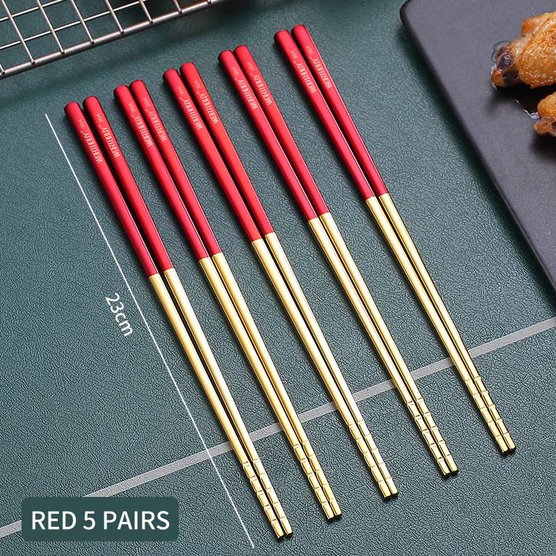 WORTHBUY 5 Pairs Gold Non-Slip Chopsticks 18/8 Stainless Steel Chopsticks For Sushi Hashi Food Sticks Reusable Chopstick Set