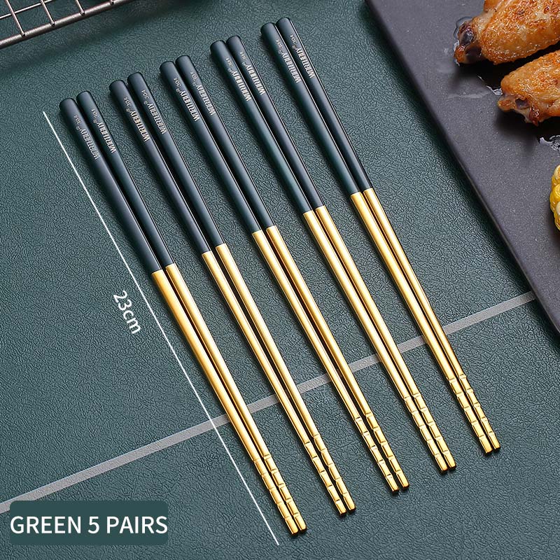 WORTHBUY 5 Pairs Gold Non-Slip Chopsticks 18/8 Stainless Steel Chopsticks For Sushi Hashi Food Sticks Reusable Chopstick Set