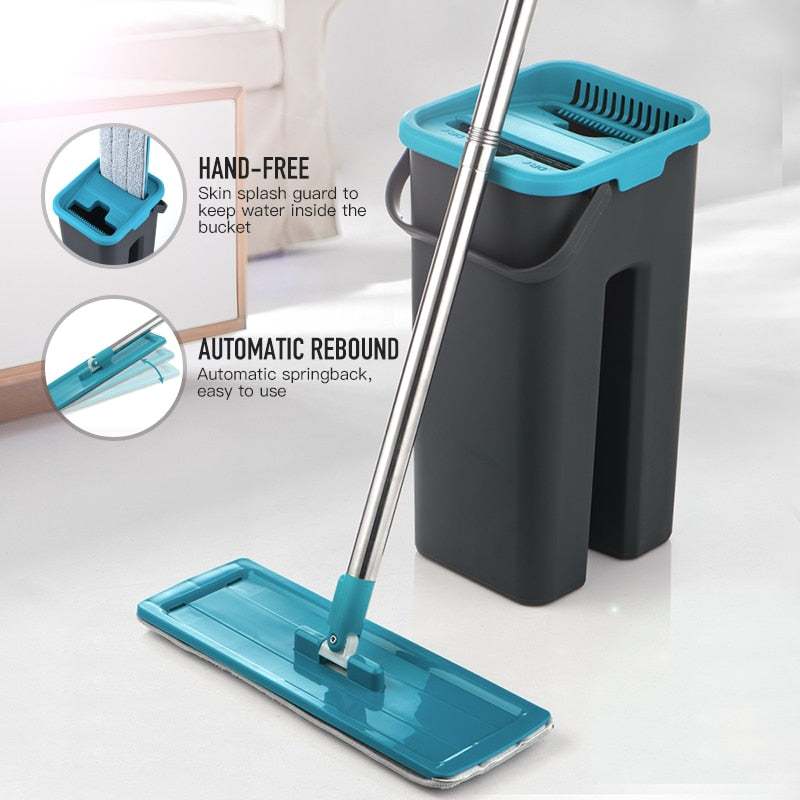 Flat Squeeze Mop and Bucket Hand Free Wringing Floor Cleaning Mop Microfiber Mop Pads Wet or Dry Usage on Hardwood Laminate Tile