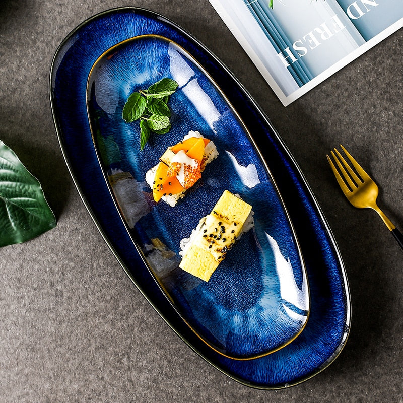 KINGLANG Japanese Kiln Glazed Blue Long Plate Household Steamed Fish Plate Large Dish Color Creative Sushi Plate