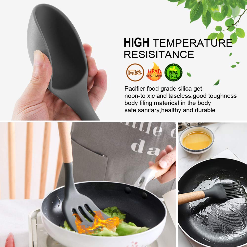 Silicone Cooking Utensils Set Kithcen Non Stick Spatula Shovel Soup Spoon Wooden Handle Heat Resisant 9 Pieces Cooking Tools set