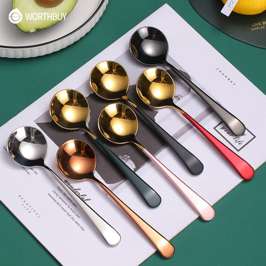 WORTHBUY Colorful Soup Spoon 304 Stainless Steel Dinner Spoon With Long Handle Dessert Spoon For Kitchen Tableware Coffee Scoop