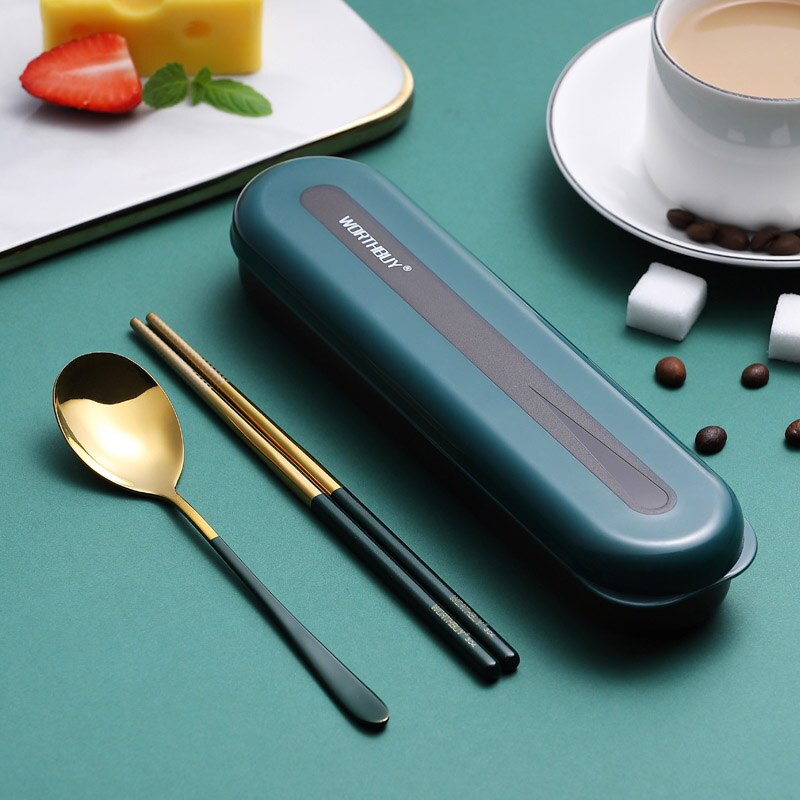 WORTHBUY Portable Travel Tableware Set 18/8 Stainless Steel Dinner Set Spoon Fork Chopsticks With Box Kitchen Dinnerware