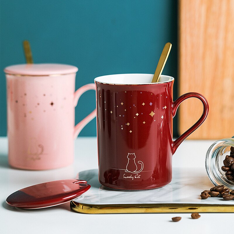 Cat starry sky ceramics Mug with spoon lid,Vintage porcelain mug,Flower Tea Set Coffee Cup,Water Milk Coffee Drinkware Gift