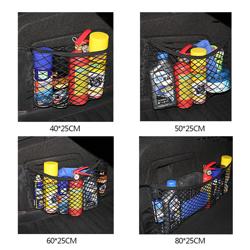 Car Back Rear Trunk Organizer Net Mesh Seat Elastic String Magic Sticker Universal Storage Bag Pocket Auto Organizer