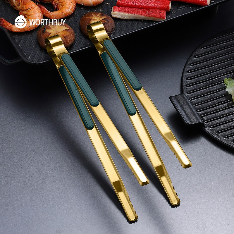 WORTHBUY Gold Stainless Steel Food Tongs Non-Slip Serving Tongs For BBQ Meat Salad Bread Kitchen Accessories Cooking Utensils