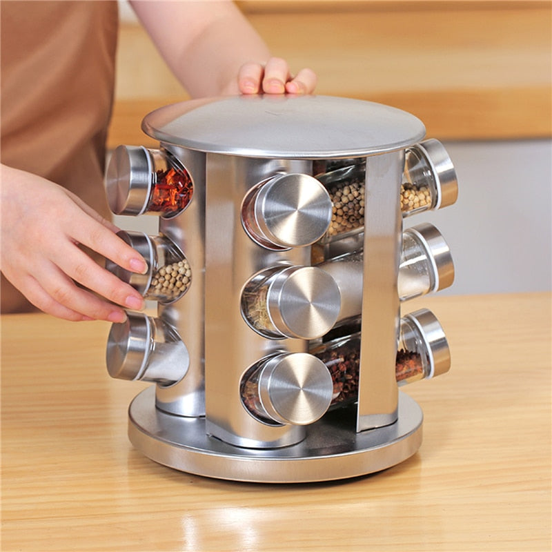 Rotating Column Stainless Steel Glass Seasoning Jar Set Cylindrical Square Portable Transparent Spice Jar Set With Storage Shelf