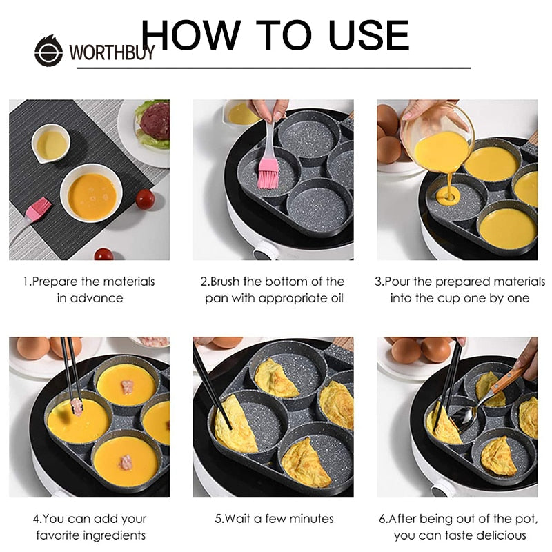 WORTHBUY Multifunctional Frying Pan With Four-Hole Non-Stick Saucepan For Breakfast Maker Omelet Steak Egg Pancake Pan Cookware